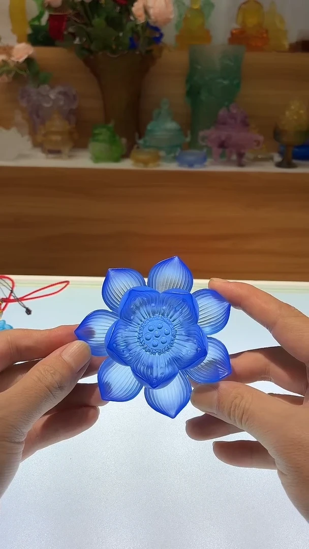 琉璃手工艺品蓝色佛前莲花10公分（福利）