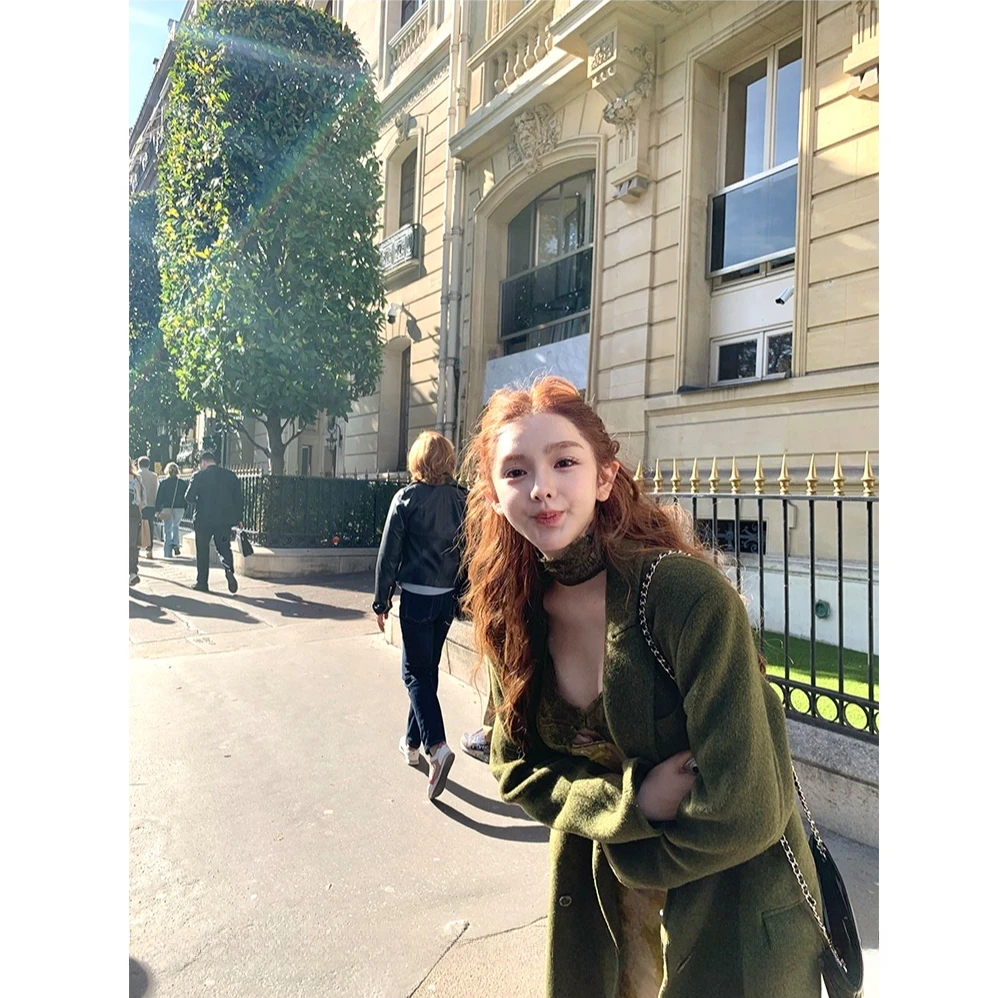 韩系时尚气质高级感显瘦大衣轻奢宽松外套女配收腰连衣裙两件套