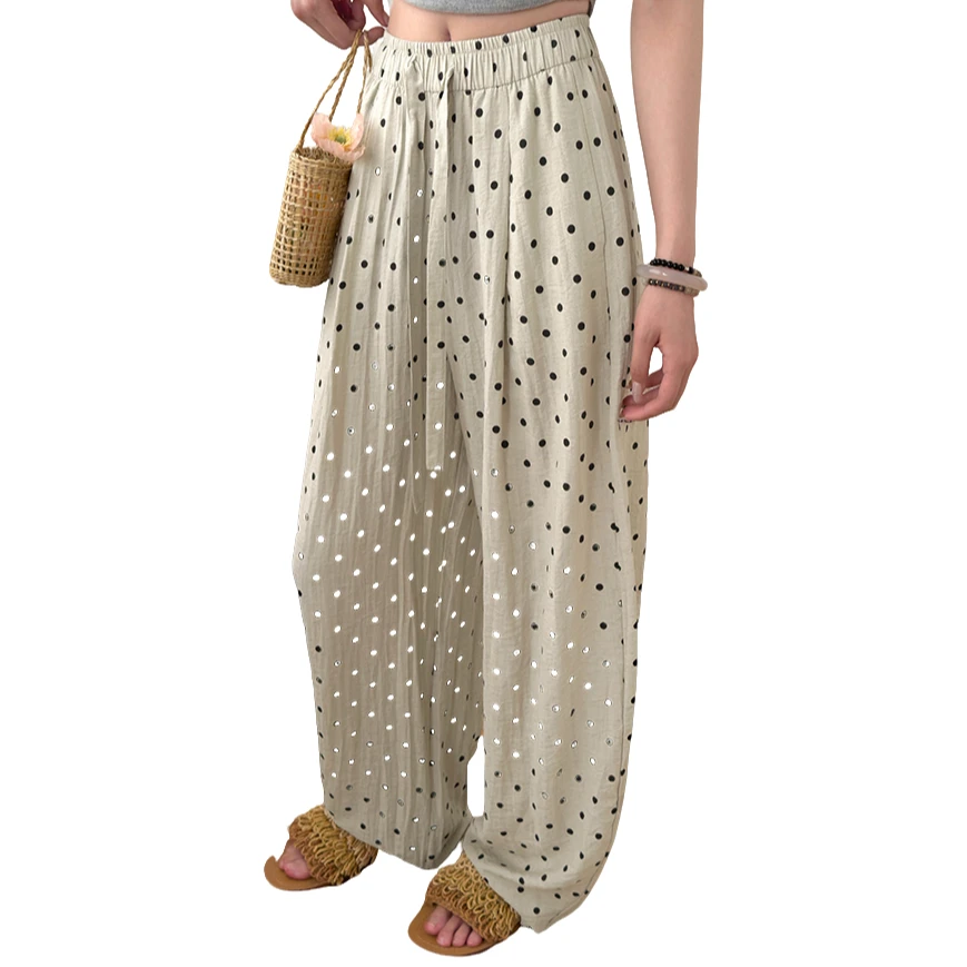 白色波点亚麻阔腿裤女夏季2025新款高腰垂感慵懒老钱风休闲棉麻裤