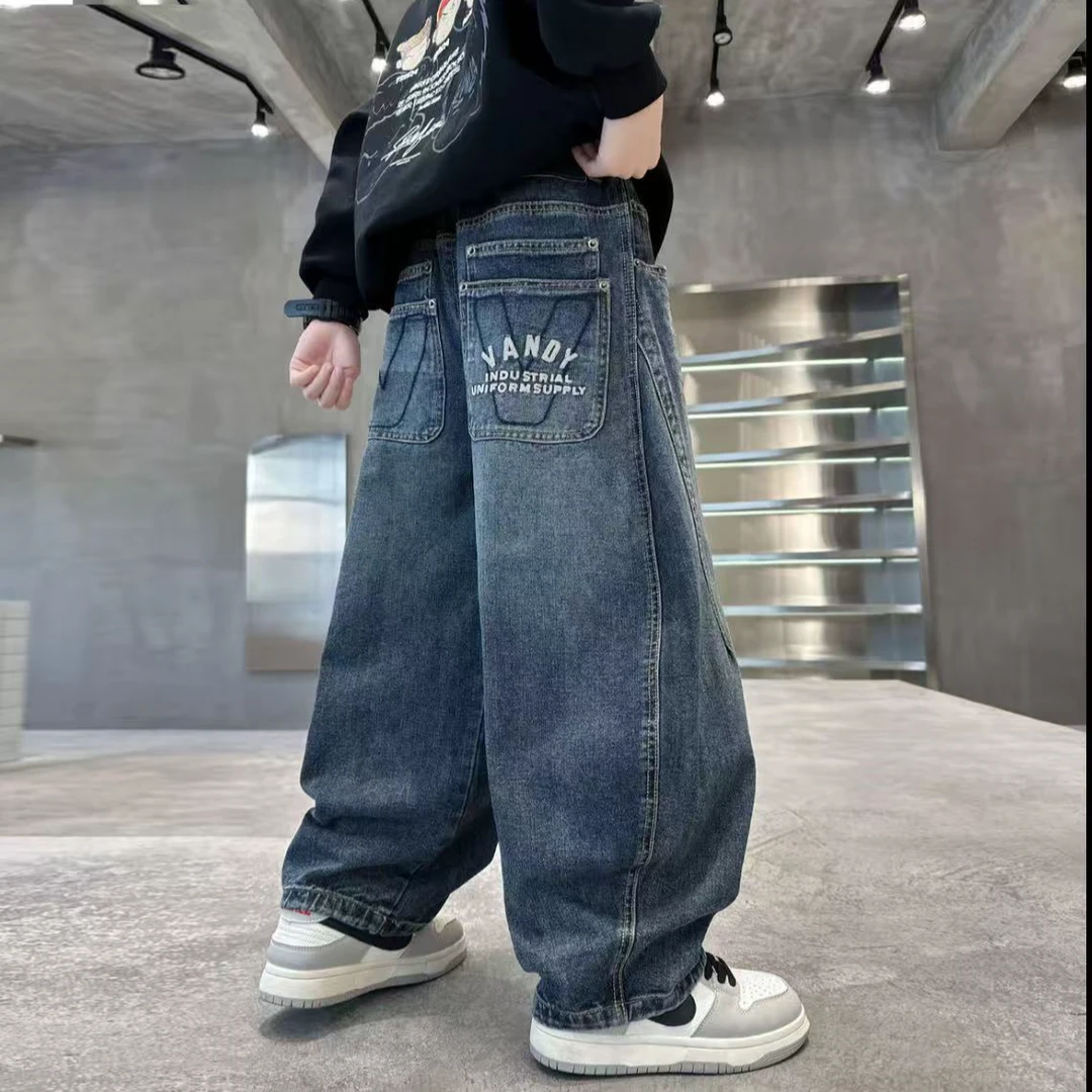 童装潮裤2025新款秋款弯刀图案字母中大童秋季百搭牛仔裤S9543