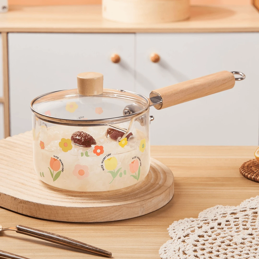 高硼硅玻璃锅实木把手辅食锅耐高温可明火电陶炉加热奶锅汤锅炖锅