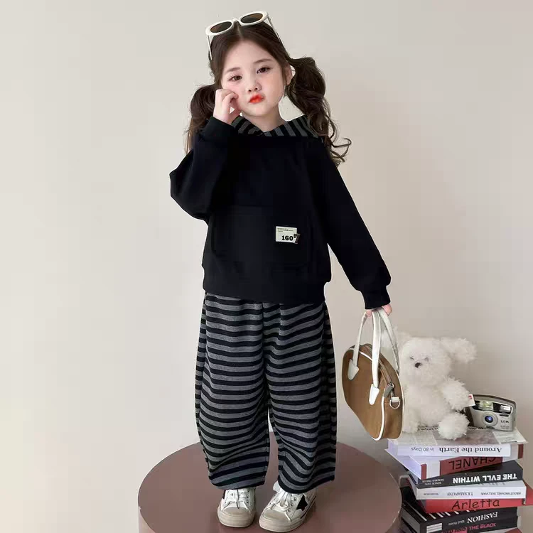 女童套装春秋装2025新款儿童时髦韩版连帽卫衣休闲条纹裤子两件套