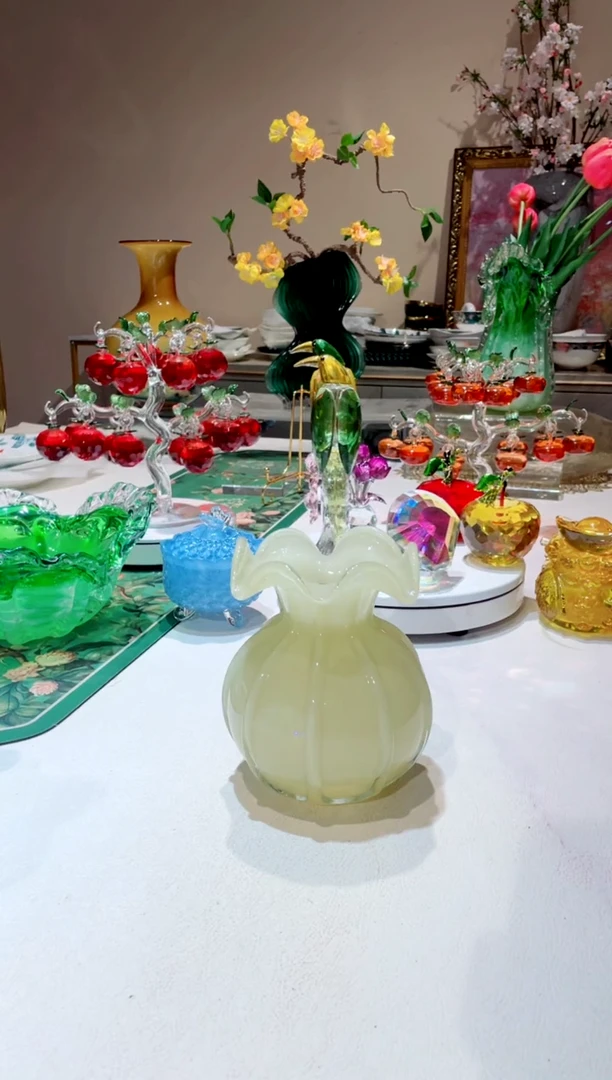 【闪购商品】琉璃手工艺品   I35奶油黄 钱袋花瓶