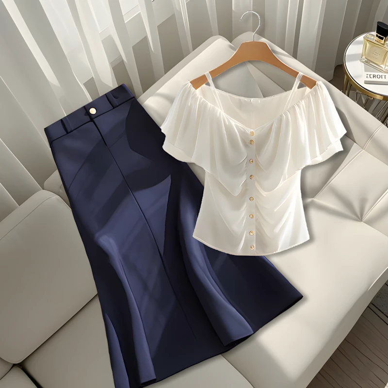 法式轻熟风独特别致小衫设计感小众清冷时尚百搭深色半身裙两件套