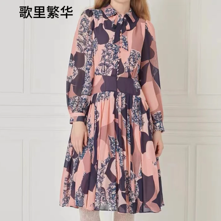 【歌里繁华】B+2024早秋新品法式泡泡袖蝴蝶结缀饰印花连衣裙短0042