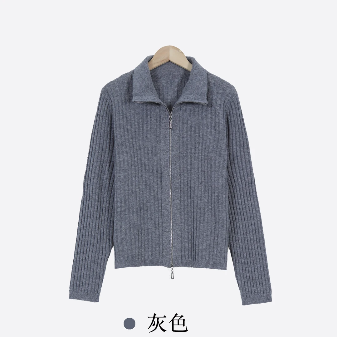 [针织全羊毛开衫]秋冬新款 时尚百搭高领双拉链羊毛外套女-PC807
