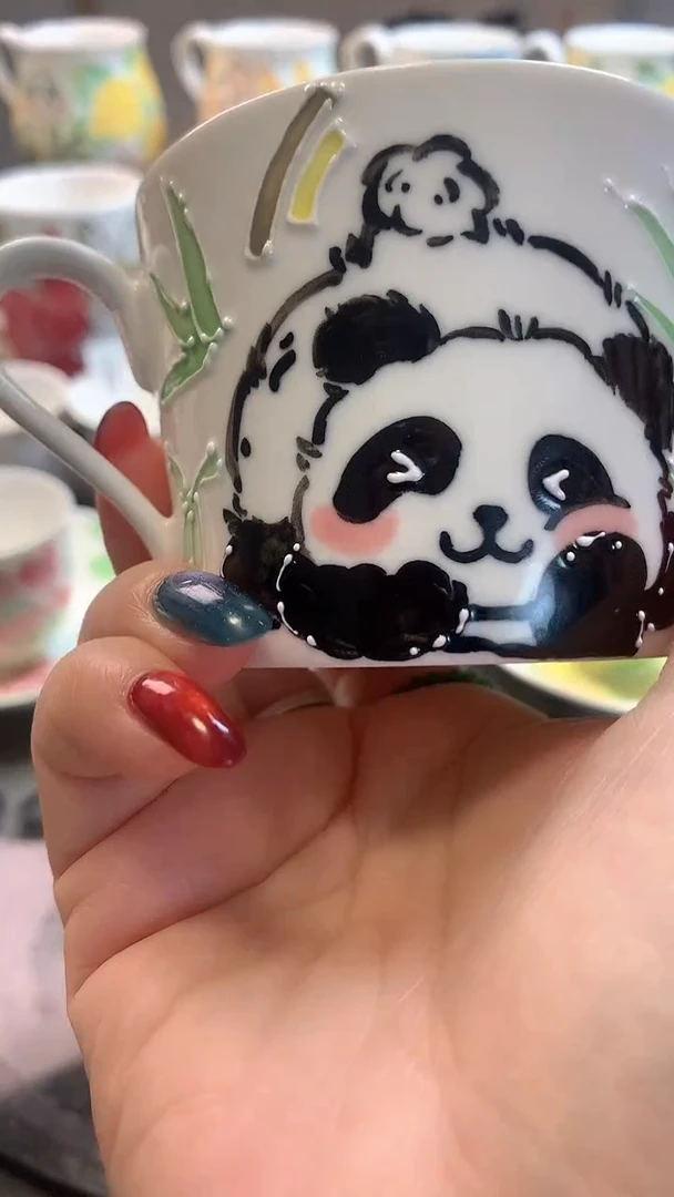 一味*手绘*熊猫竹叶杯