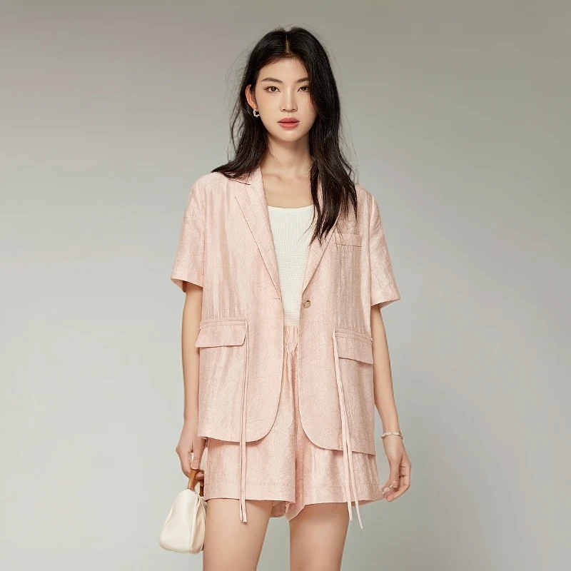 夏季短袖天丝提花单西短裤套装轻奢高级设计感外套上衣短裤清凉