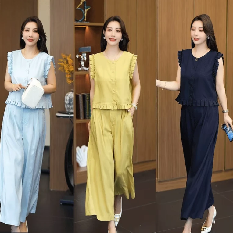 2025夏季新款木耳边无袖上衣阔腿裤两件套时尚洋气显瘦套装