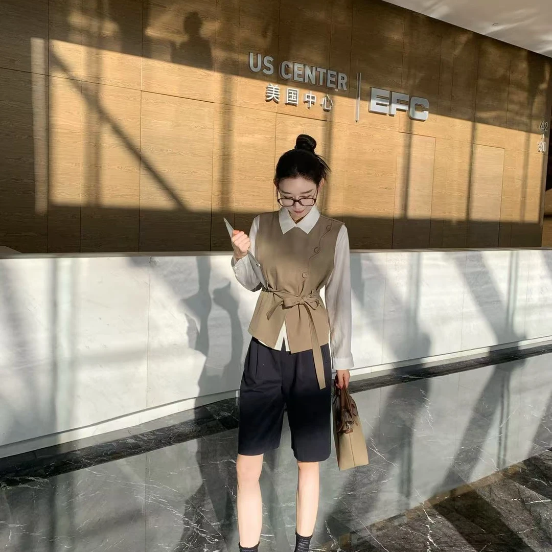 OUDOCKEE 鸥鸥【亚麻】金秘书 高级感马甲衬衫两件套 E2503X584T