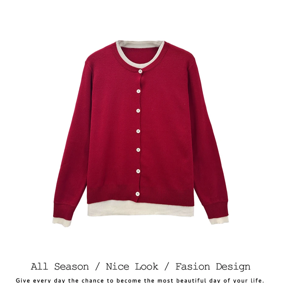 748      时尚红色拼接白色圆领套头假两件长袖      款号#K212