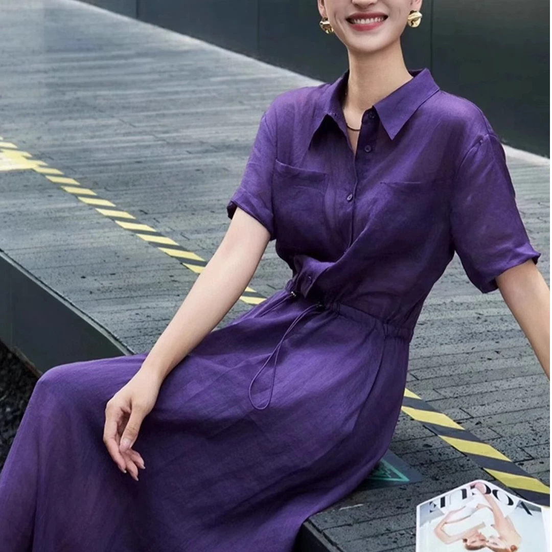 工装风长裙翻领建筑清纯色POLO领常规亚麻法式连衣裙女装8210收腰