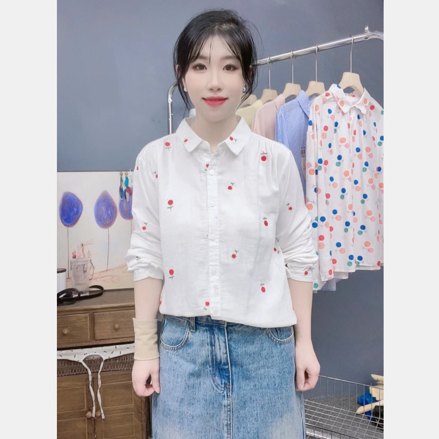 文艺小清新刺绣玫瑰花宽松双层棉纱白衬衫女长袖打底衫潮