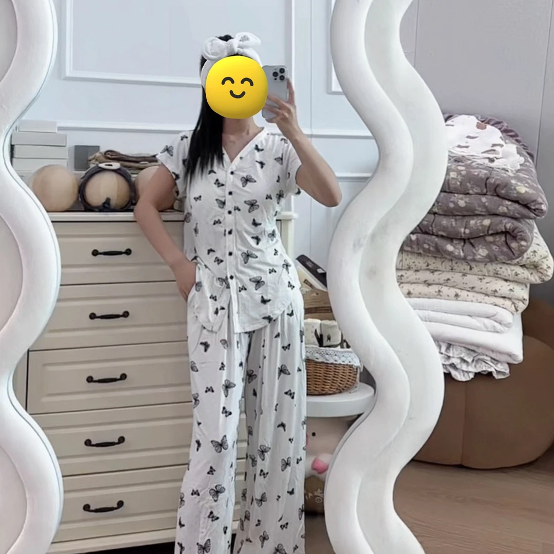 韩系甜妹睡衣莫代尔短袖长裤睡衣女夏季薄款宽松家居服大码月子服