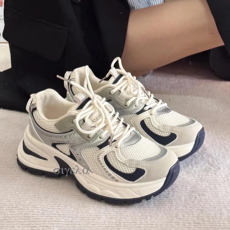 爆款老爹鞋女2025新款春夏透气网面小众厚底小白鞋小众运动休闲鞋