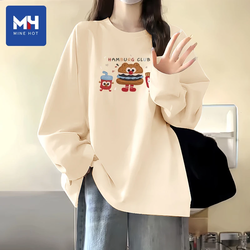 唐狮集团MH长袖t恤女款2025新款宽松打底衫奶白色纯棉圆领上衣女