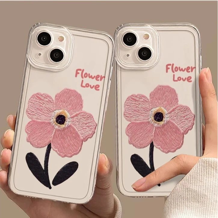粉色油画小花适用iPhone14苹果15promax透明手机壳16简约13小众11
