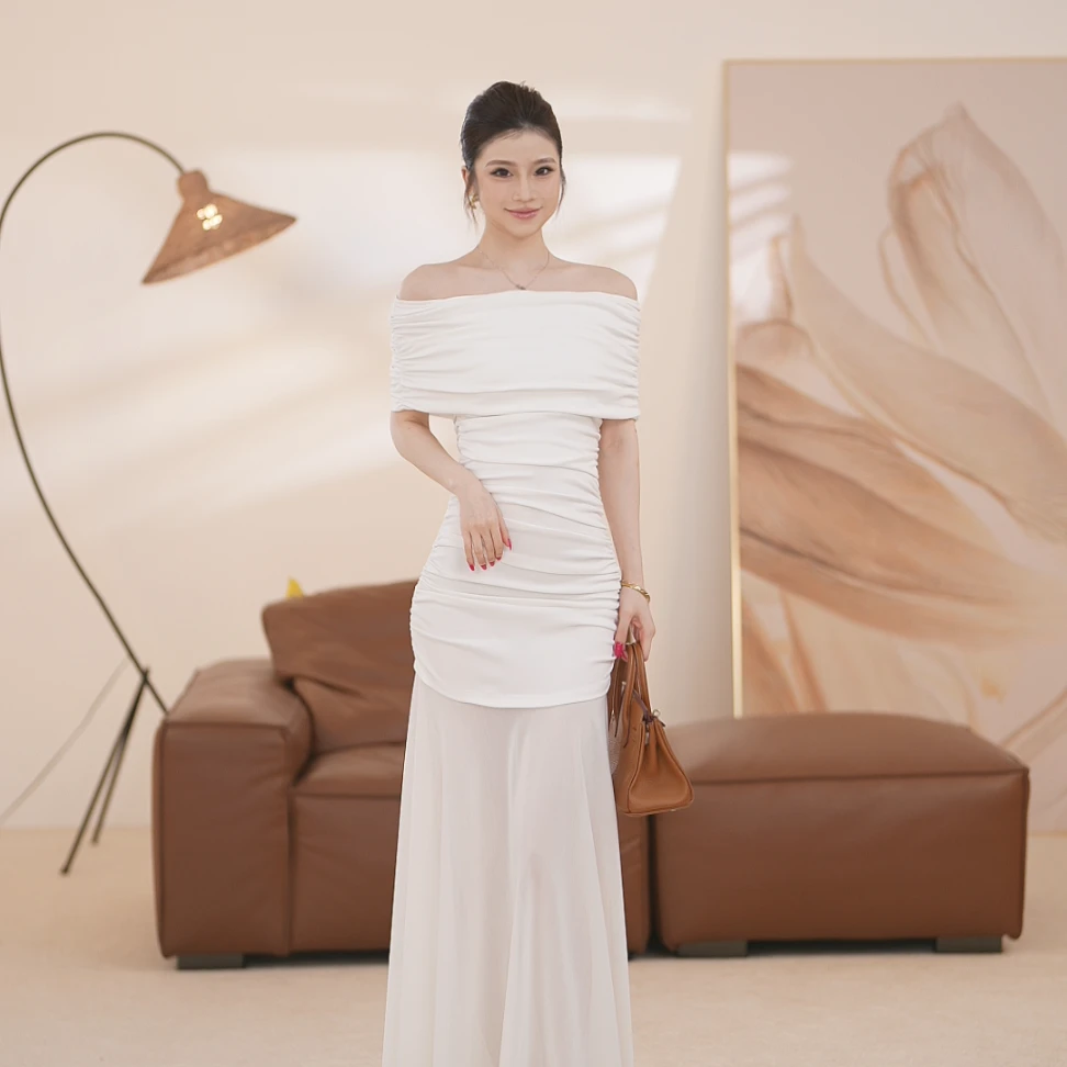 【UU】法式小众轻奢设计感气质褶皱拼接一字肩抹胸连衣裙M539