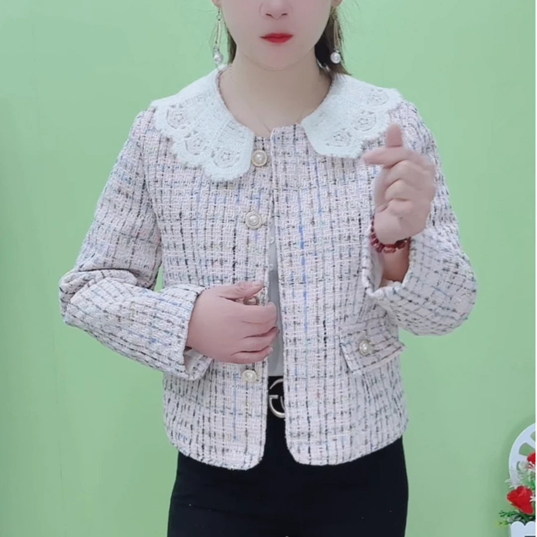 2025春季香风蕾丝翻领娃娃领短款时尚短款格子女装外套