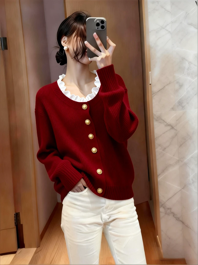 时尚慵懒风花边针织开衫女秋冬新款设计感软糯内搭显瘦打底毛衣女