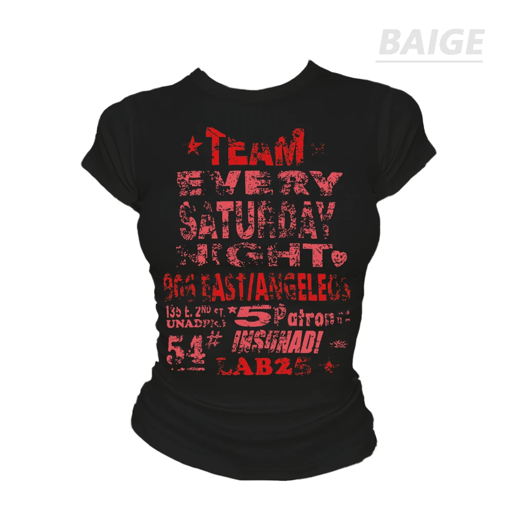 BAIGE 短袖式复古修身显瘦正肩短袖T恤女字母印花圆领潮流上衣