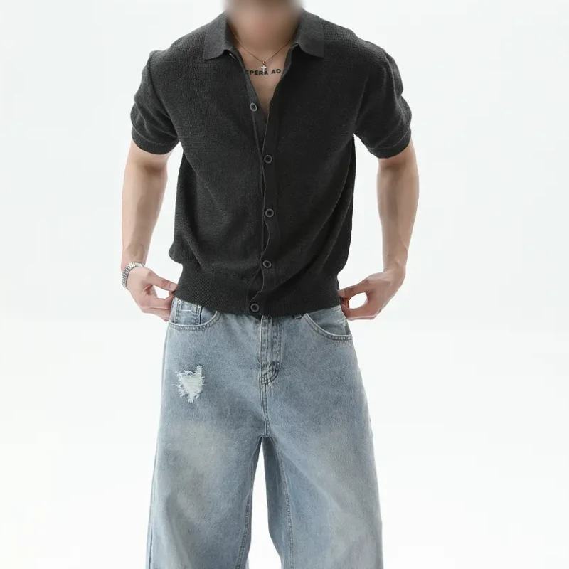 复古翻领排扣针织短袖开衫宽松百搭简约休闲通勤夏季T恤痞帅男装