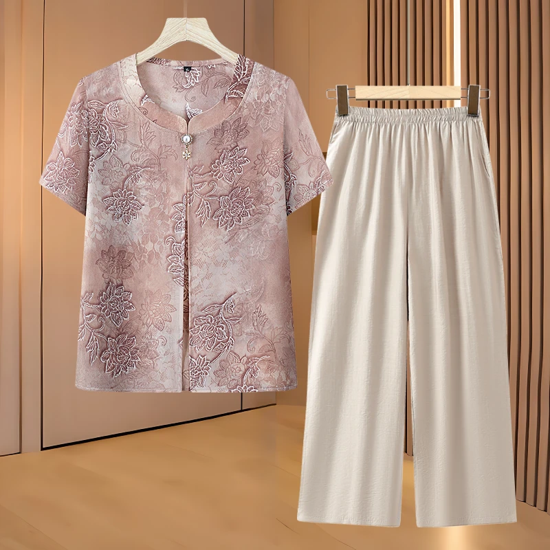 中老年人夏装女奶奶假两件薄款套装妈妈夏天时尚宽松上衣服老太太