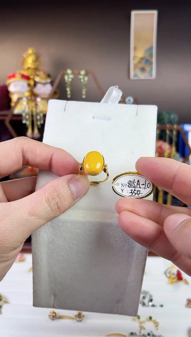银S925镀金镶嵌蜜蜡戒指，815A-10蜜蜡戒指
