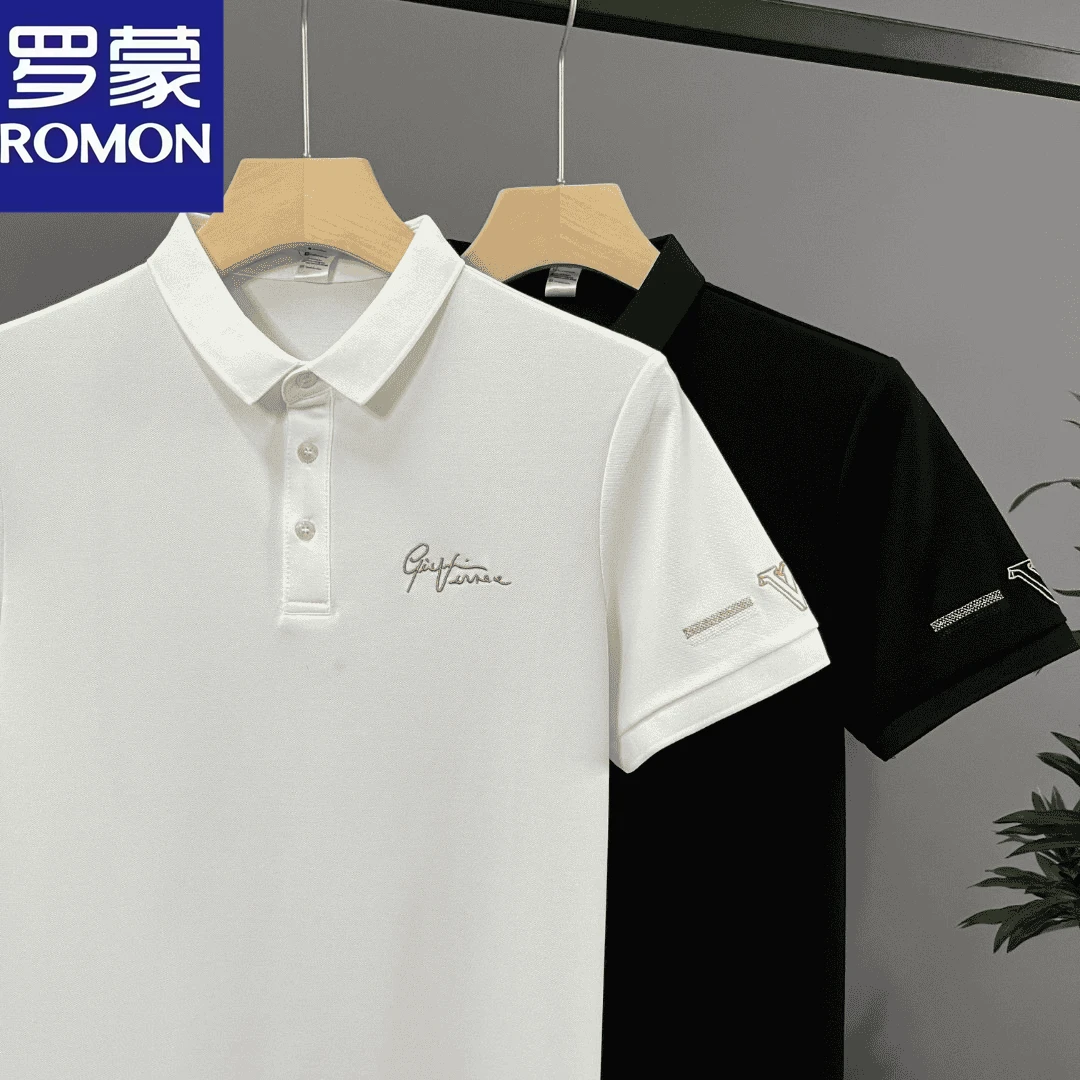 Romon/罗蒙夏季男士透气短袖Polo衫刺绣开叉休闲商务百搭翻领半袖