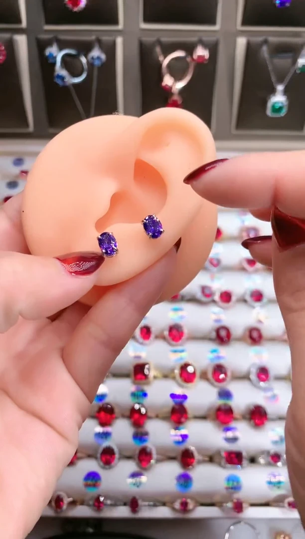 【闪购商品】水晶耳饰银S925镶嵌高温优化/合成处理57紫水晶