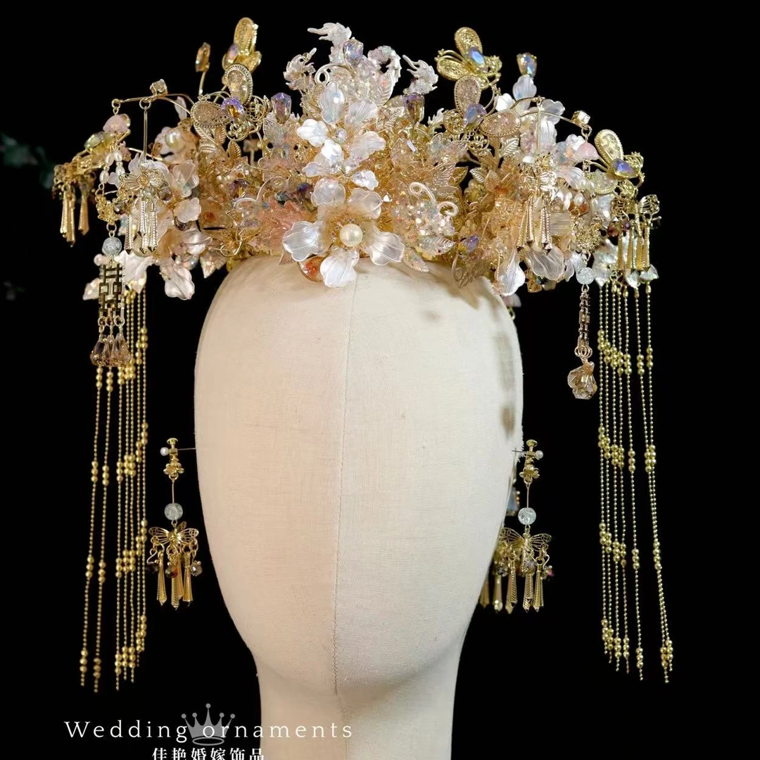 11027ETE中式古典金色凤冠大气减龄新娘头饰