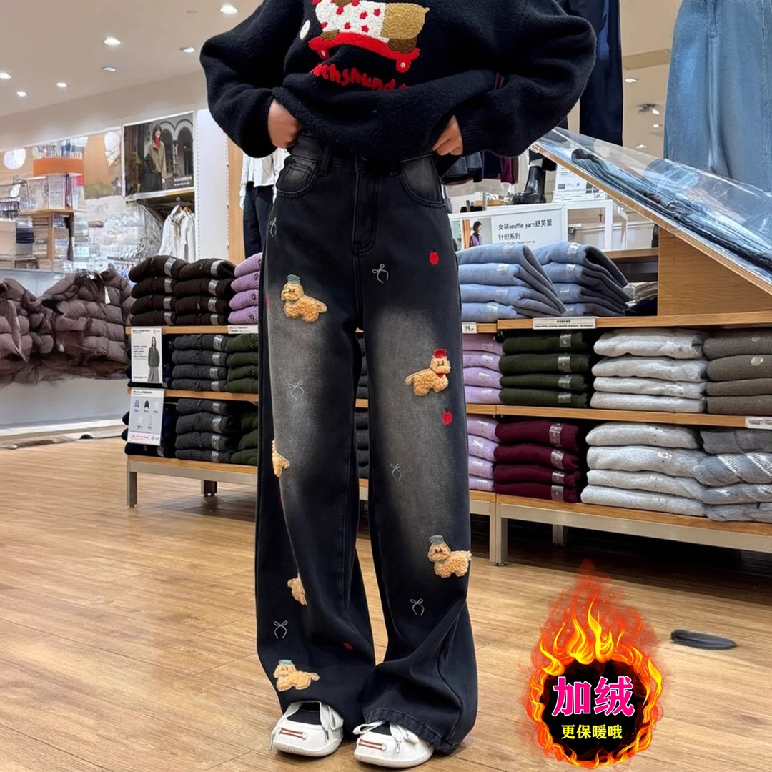 圣诞刺绣牛仔裤女加绒保暖阔腿裤宽松 显瘦拖地裤印花2025年秋冬