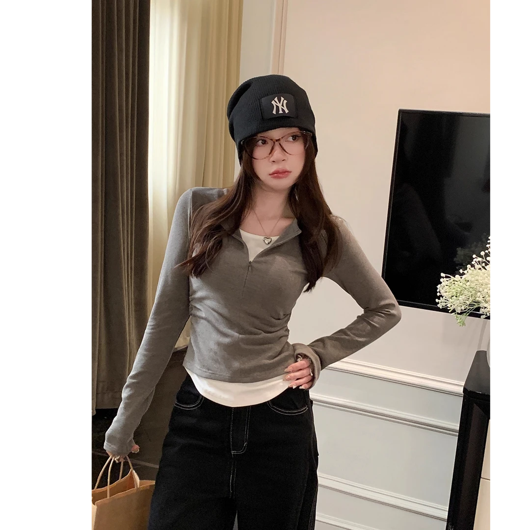 超火灰色半拉链假两件长袖t恤女秋季正肩修身内搭打底收腰上衣