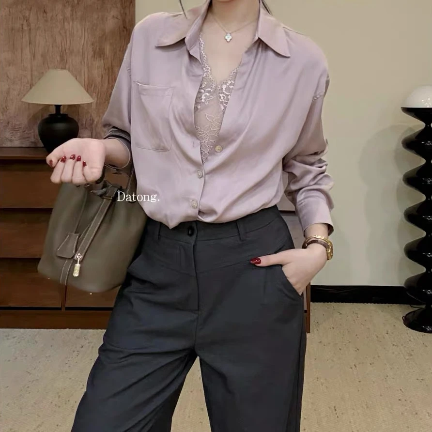 设计感蕾丝边莱赛尔长袖衬衫女不规则宽松上衣