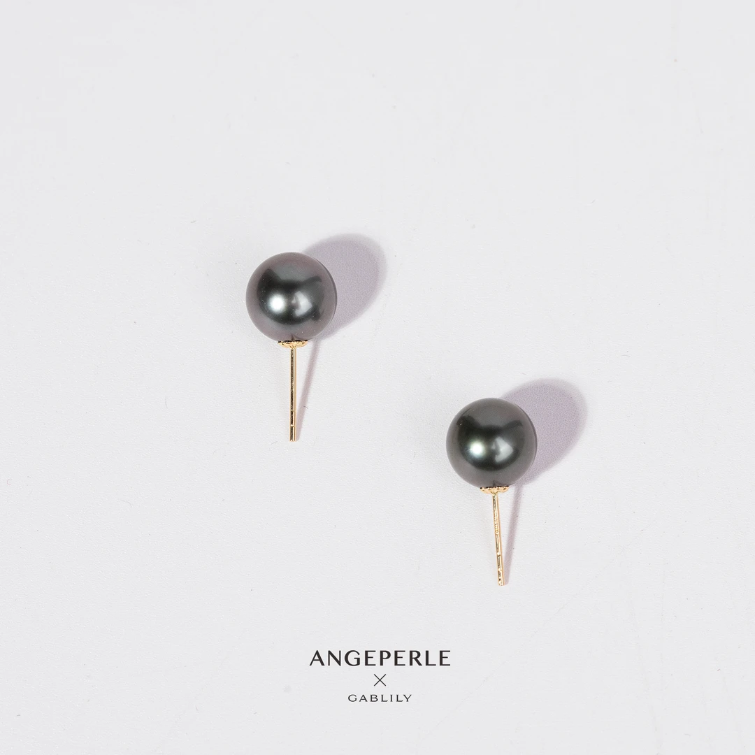 天使之泪海水珍珠大溪地黑珠18K金素珠耳钉8-9mm百搭【畅太定制】