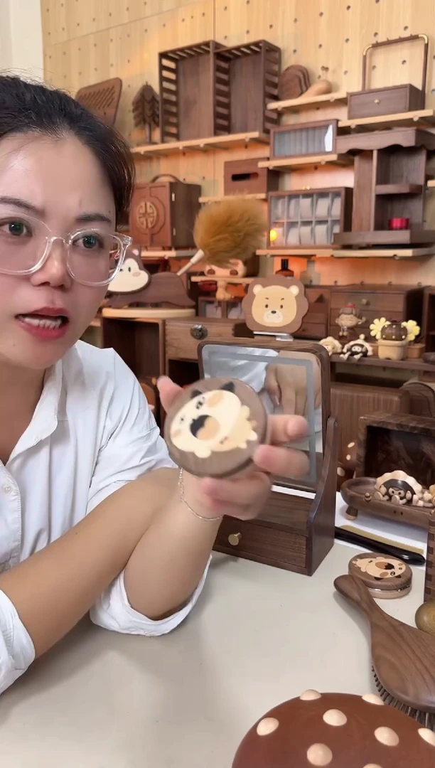 木黑胡桃枫木双面便携小镜子