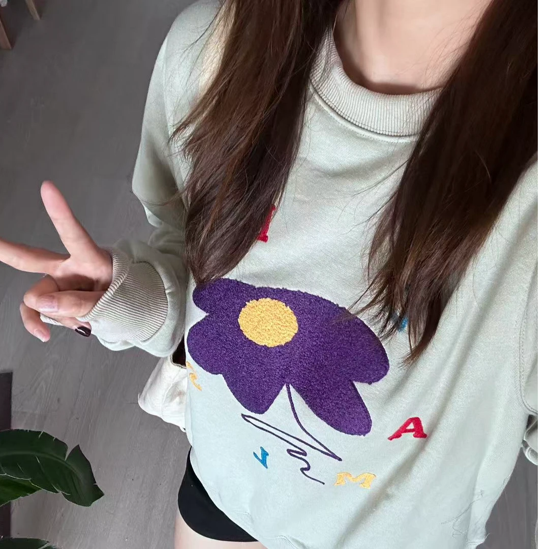 秋季圆领正肩显瘦遮肉毛巾绣慵懒风卫衣百搭上衣大码女装胖mm