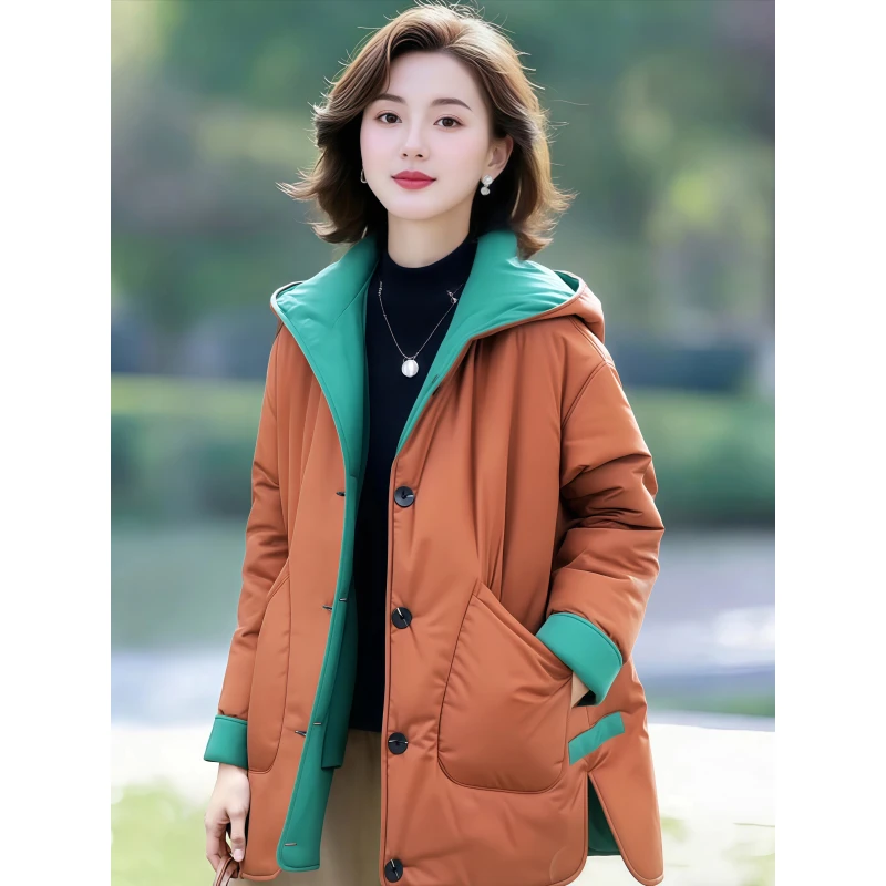 时尚百搭连帽加厚保暖两面穿棉服外套女冬季显瘦减龄洋气棉衣气质