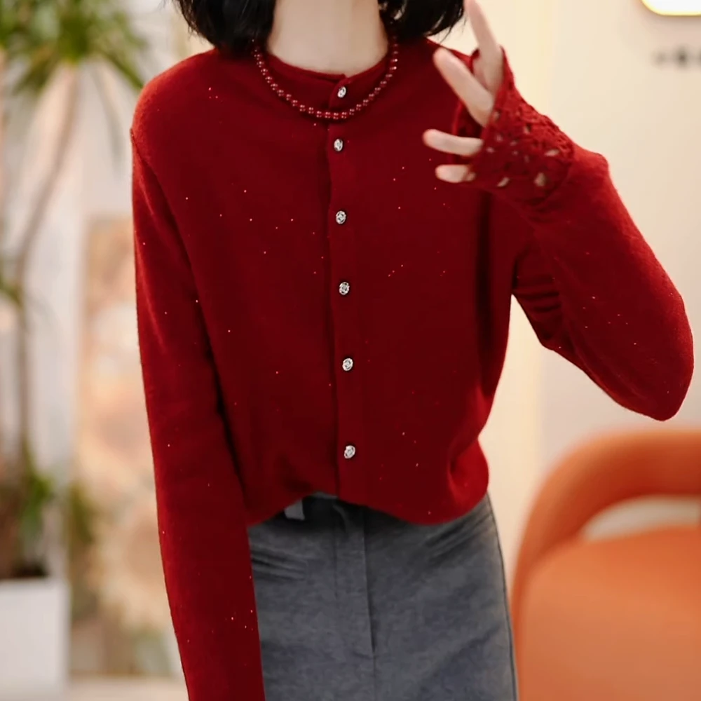 冬季亮片长袖针织衫女新年红色毛衣设计镂空袖口上衣圆领百搭时尚