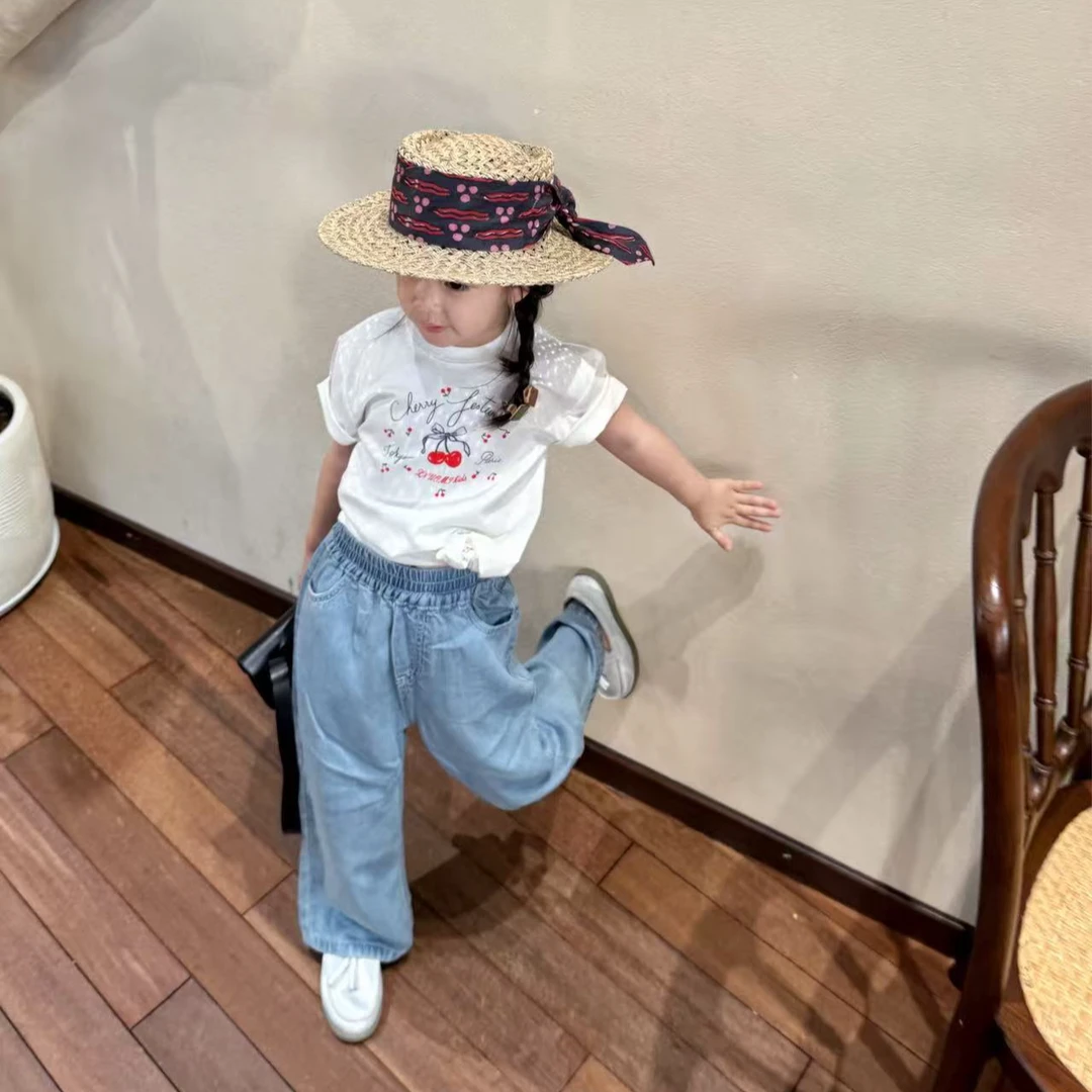 甜小七2025夏季女童休闲百搭韩版宽松印花圆领上衣时髦牛仔裤套装