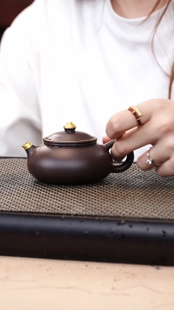 茶壶紫砂四号井茄皮紫泥描金寒江130cc