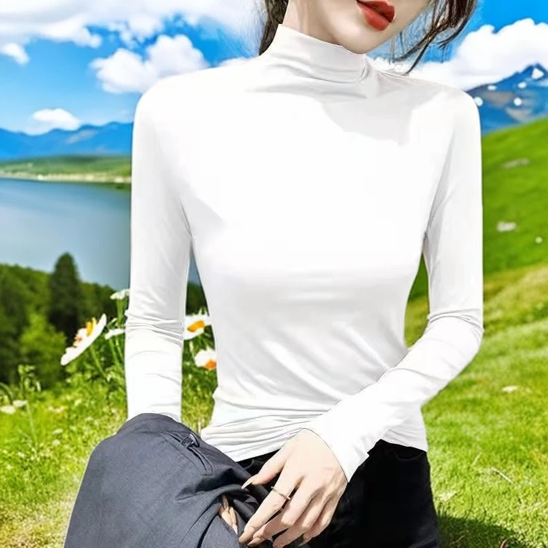 莫代尔德绒打底衫女秋冬洋气长袖上衣修身半高领显瘦内搭黑色白色