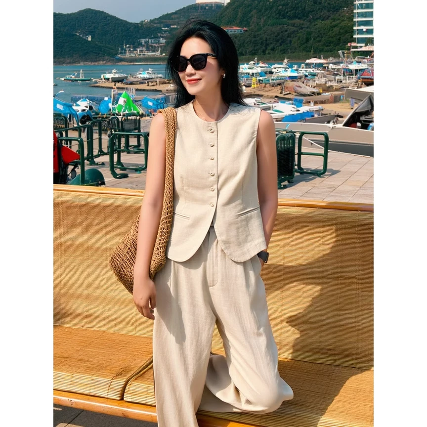 亚麻套装女夏季法式复古文艺气质小众肌理感无袖马甲阔腿裤两件套