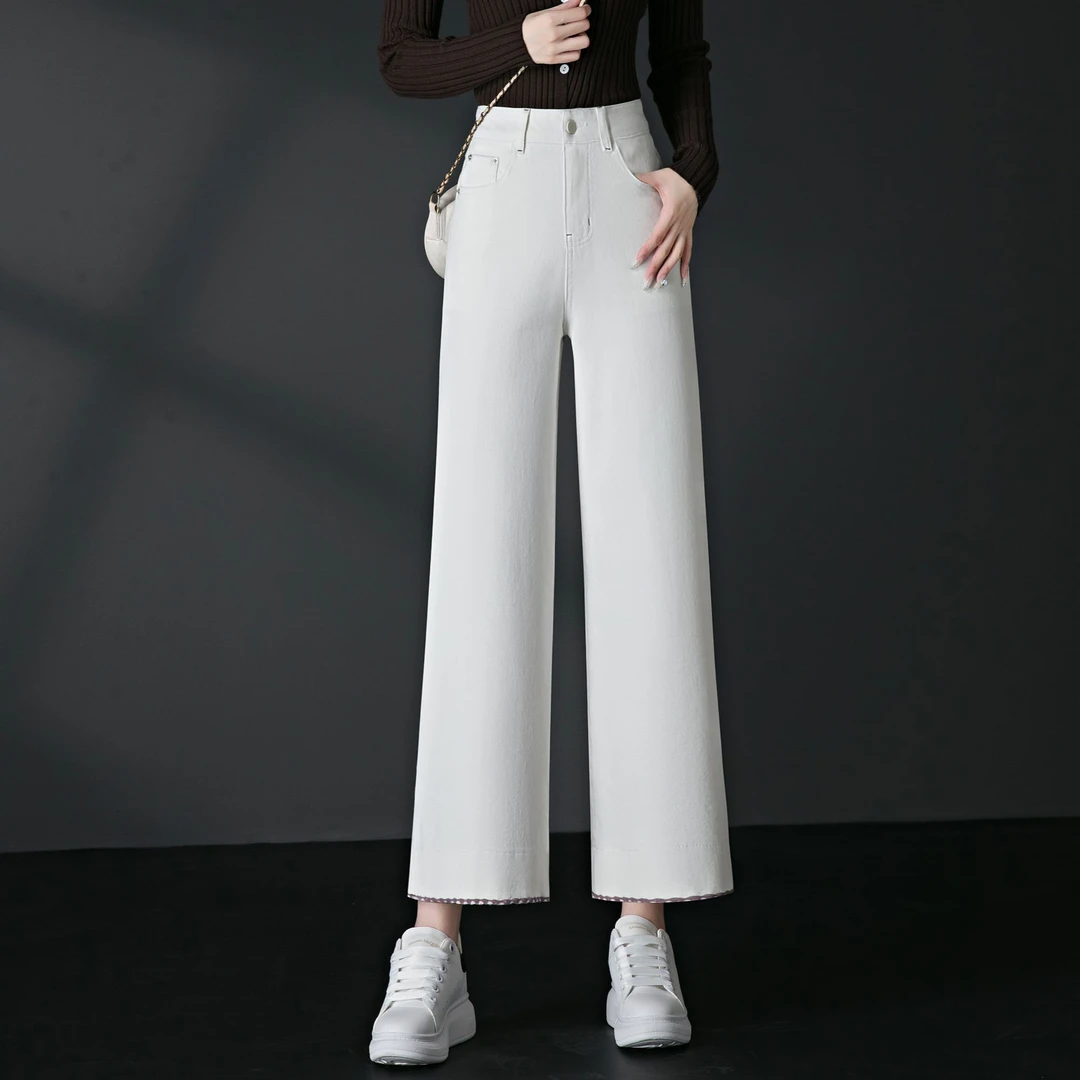 白色九分直筒牛仔裤女秋季小个子高腰宽松显瘦阔腿裤梨形身材裤子