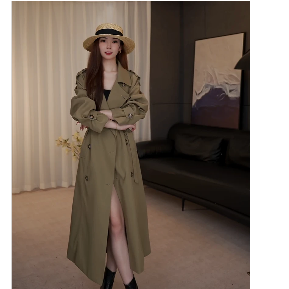 卡其色双排扣设计师轻奢休闲百搭长款英伦风系带气质风衣外套女
