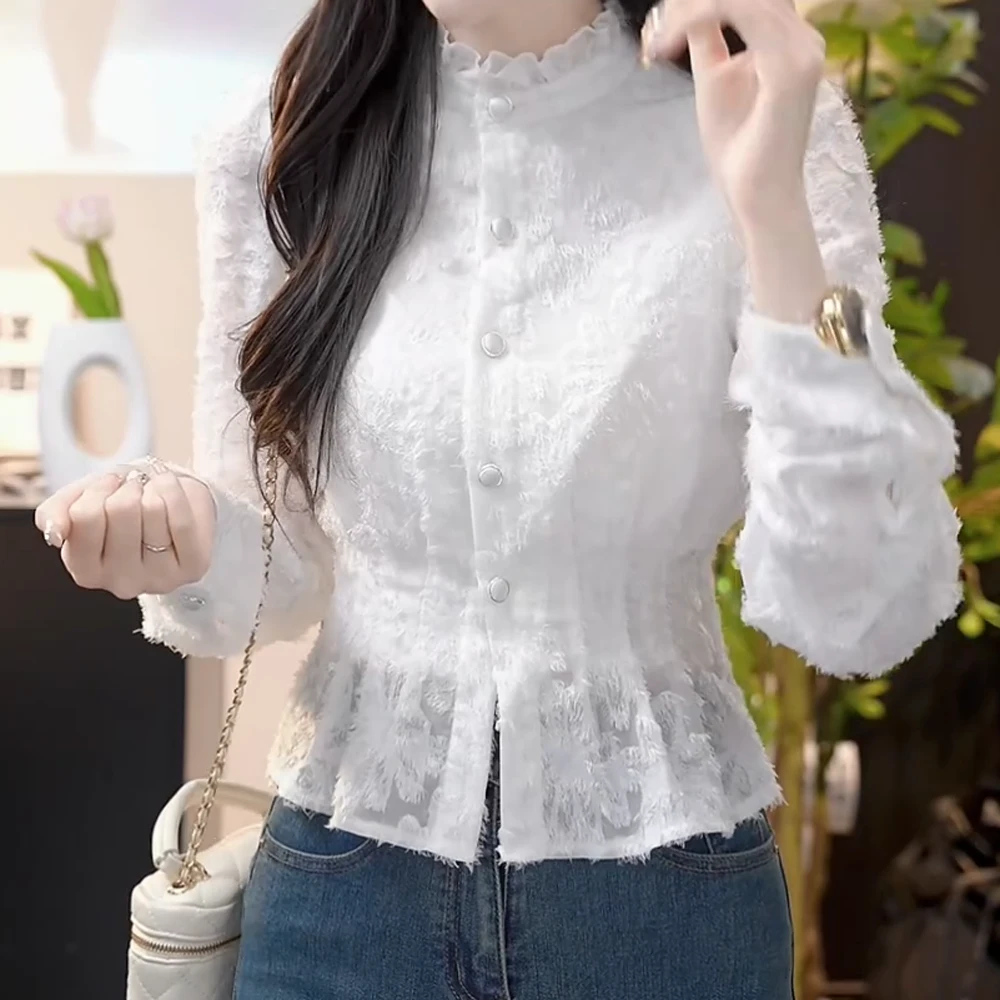 法式高级感独特别致绝美立领长袖蕾丝衫女春款修身显瘦打底衫上衣