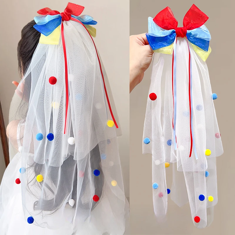 【儿童】蝴蝶结头纱发夹女童生日六一礼物女后脑勺发卡公主边夹发饰