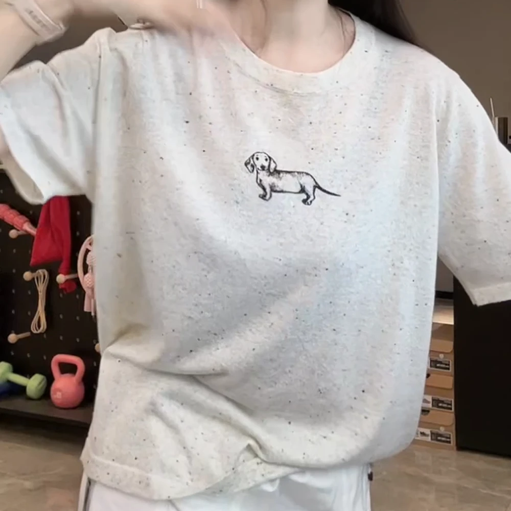 卡通小狗印花短袖针织衫短袖C5362