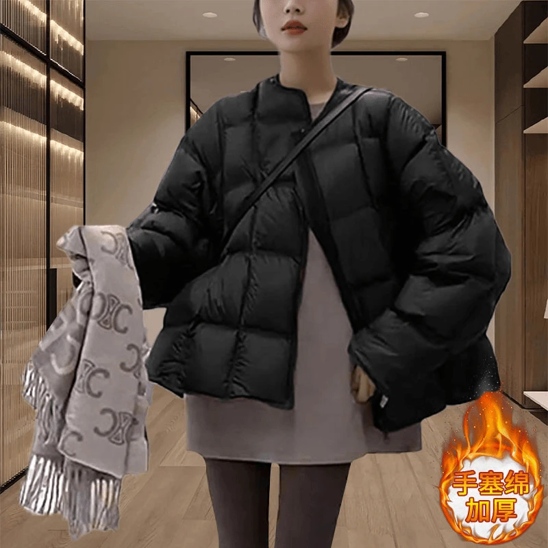 【BuBu专属】秋冬韩版洋气纯色高级感圆领棉服女时尚加厚保暖外套