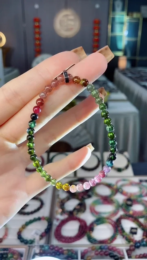 未镶嵌老矿碧玺彩糖单圈手串4mm+碧玺dan多样性发货一条